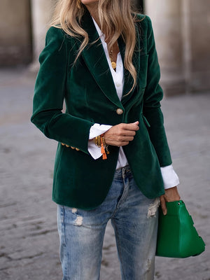 Luxurious Velvet Blazer with Modern Gold Button Accents