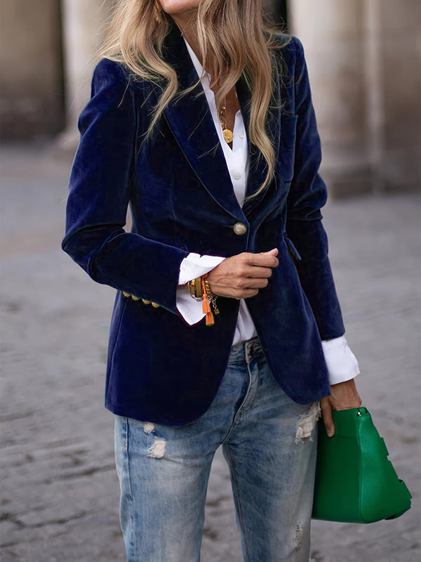 Luxurious Velvet Blazer with Modern Gold Button Accents