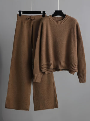 Cozy Casual Two-Piece Outfit: Relaxed Sweater and Wide-Leg Trousers for Women