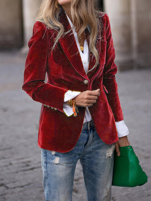 Luxurious Velvet Blazer with Modern Gold Button Accents
