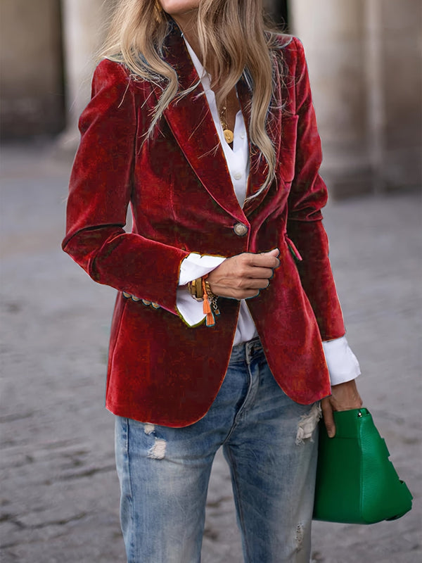 Luxurious Velvet Blazer with Modern Gold Button Accents