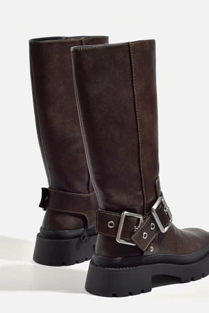 Stylish Knee-High Flat Boots with Retro Buckle