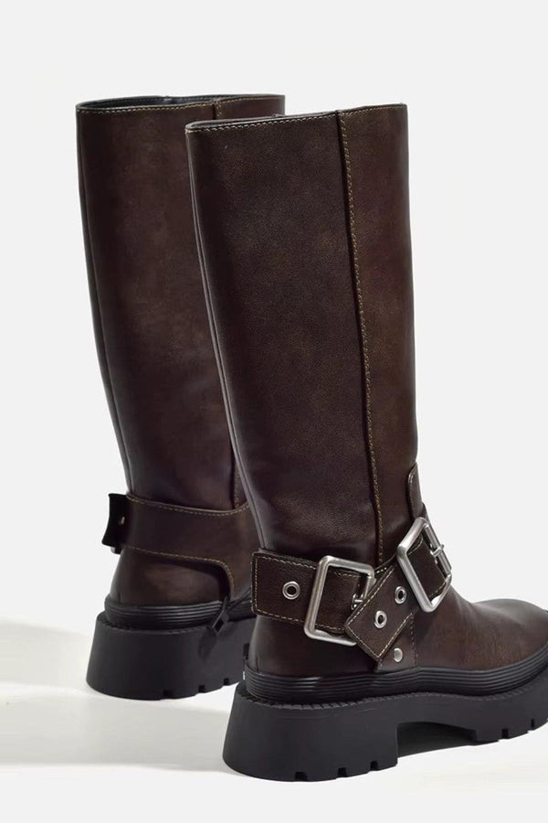 Stylish Knee-High Flat Boots with Retro Buckle