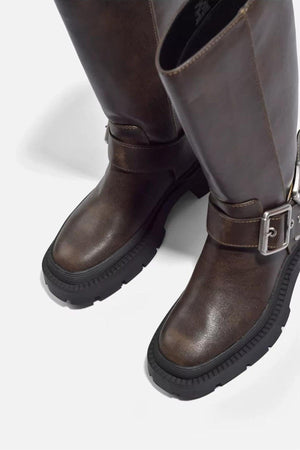 Stylish Knee-High Flat Boots with Retro Buckle
