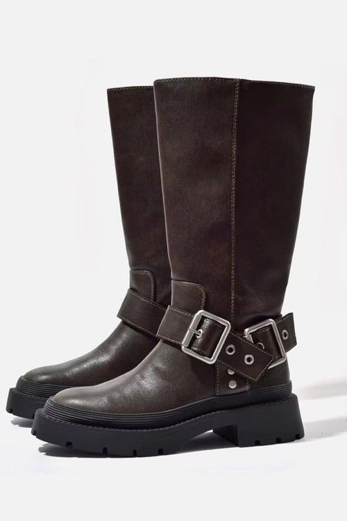 Stylish Knee-High Flat Boots with Retro Buckle