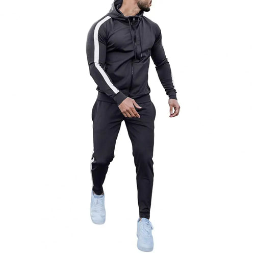 Stylish Men's Hooded Tracksuit with Contrast White Stripes