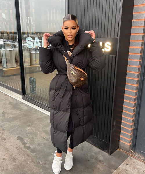 Stylish Black Oversized Women's Parka with Belt