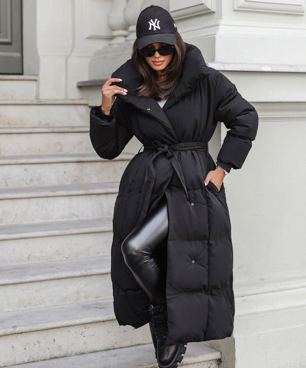 Stylish Black Oversized Women's Parka with Belt