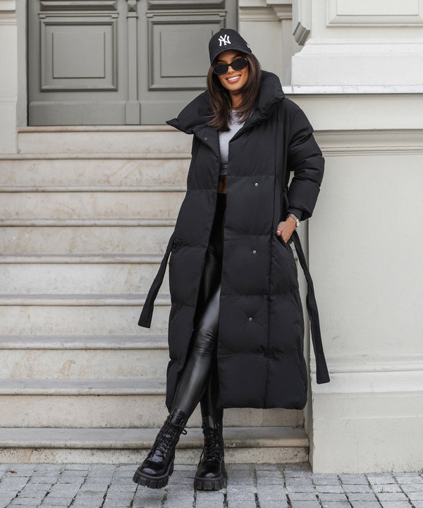 Stylish Black Oversized Women's Parka with Belt