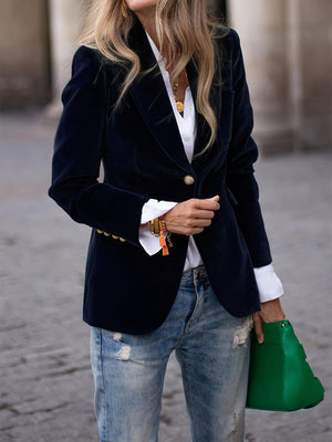 Luxurious Velvet Blazer with Modern Gold Button Accents