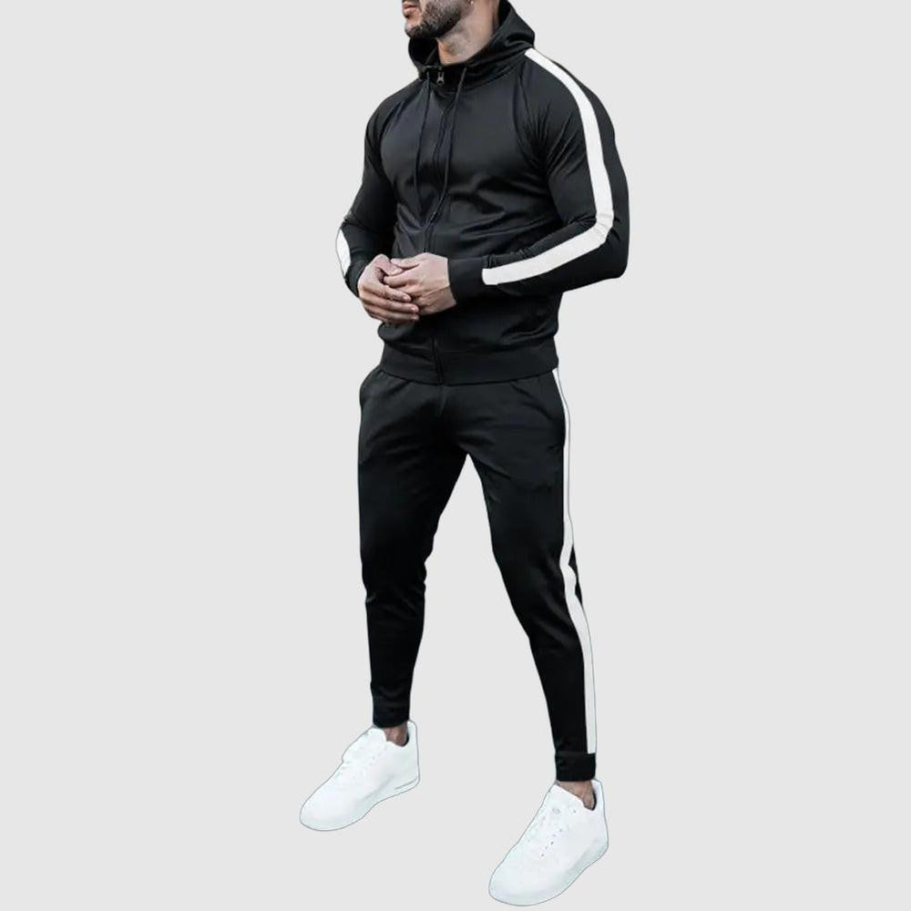 Stylish Men's Hooded Tracksuit with Contrast White Stripes