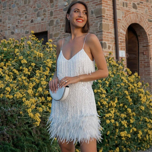 Elegant Feather Mini Dress with Flattering Fit