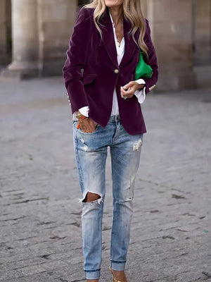 Luxurious Velvet Blazer with Modern Gold Button Accents
