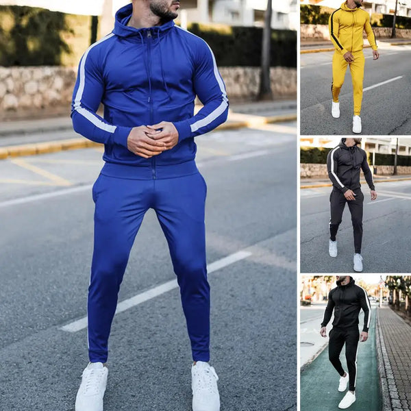 Stylish Men's Hooded Tracksuit with Contrast White Stripes