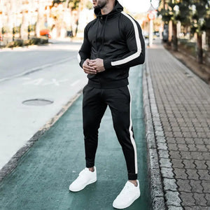 Stylish Men's Hooded Tracksuit with Contrast White Stripes