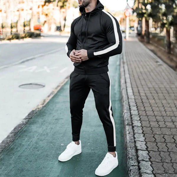 Stylish Men's Hooded Tracksuit with Contrast White Stripes