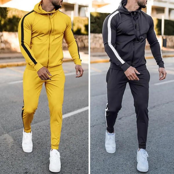 Stylish Men's Hooded Tracksuit with Contrast White Stripes