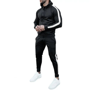Stylish Men's Hooded Tracksuit with Contrast White Stripes