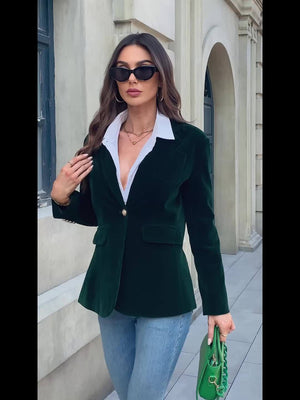 Luxurious Velvet Blazer with Modern Gold Button Accents