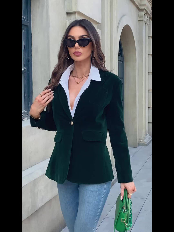 Luxurious Velvet Blazer with Modern Gold Button Accents