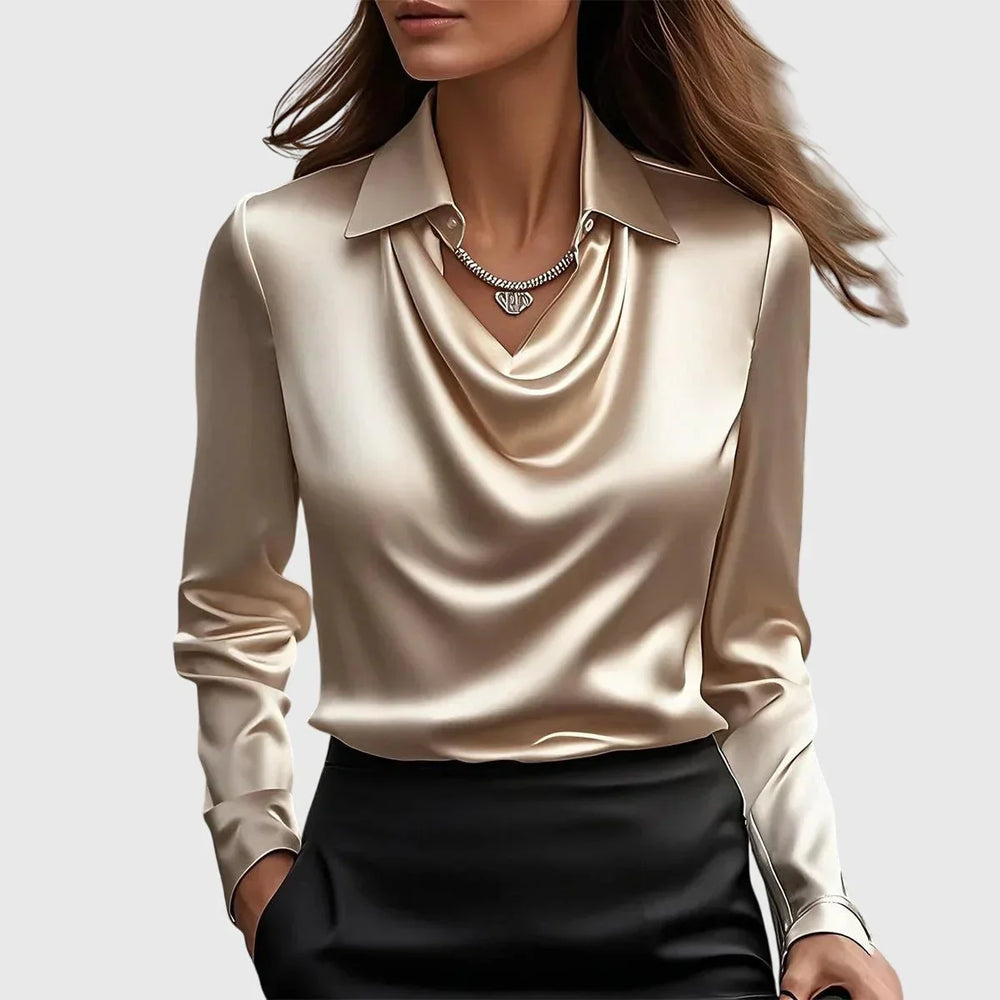 Elegant Satin Blouse with Flowing Neckline and Long Sleeves
