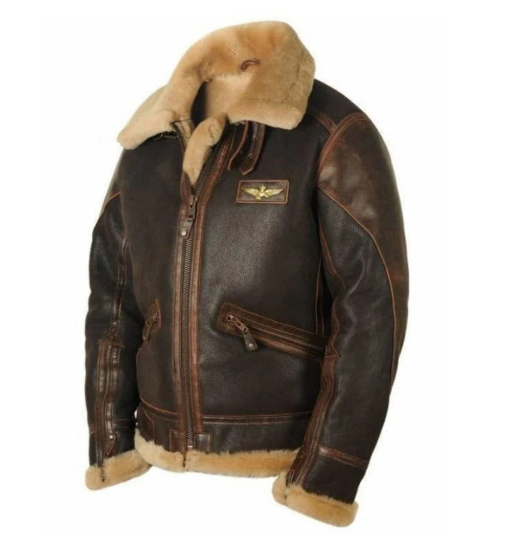 Trendy Men's Warm Vegan Leather Flight Jacket with Cozy Faux Fur Lining