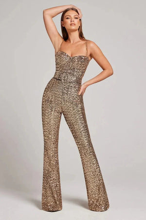 Shimmering Glitter Jumpsuit with Stylish Waist Belt